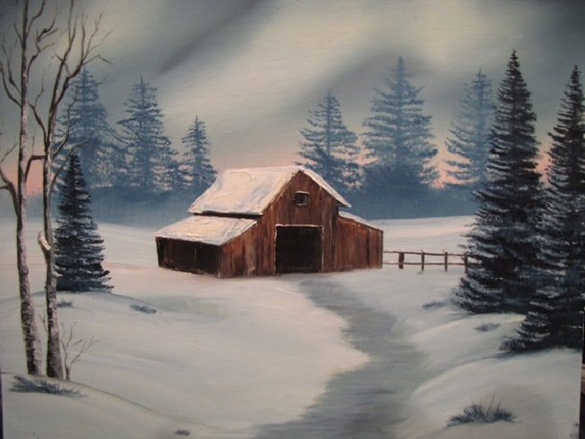 A painting of a barn in the middle of a snowy forest