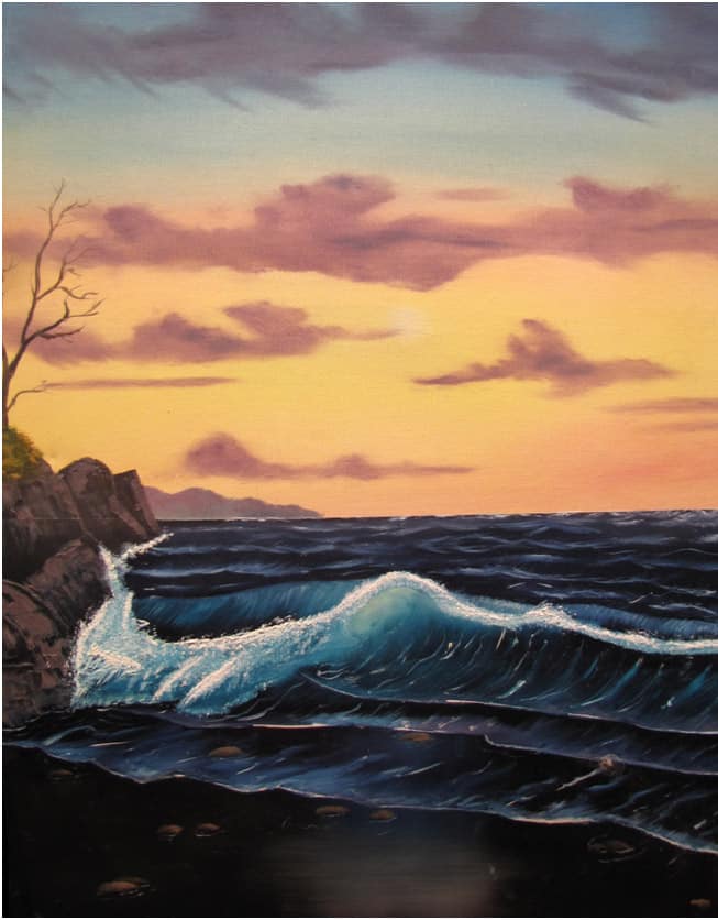 A painting of a sunset over a body of water