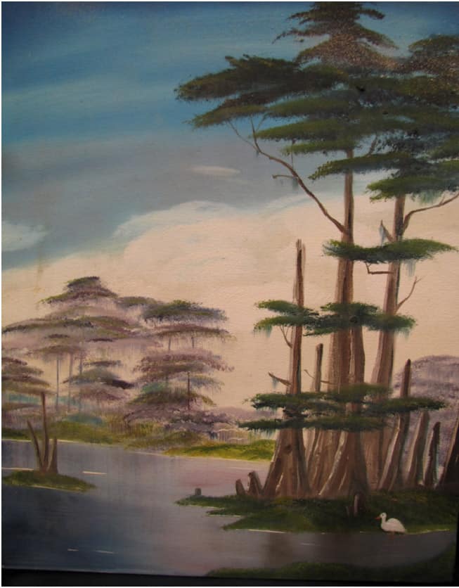A painting of a river with trees in the background