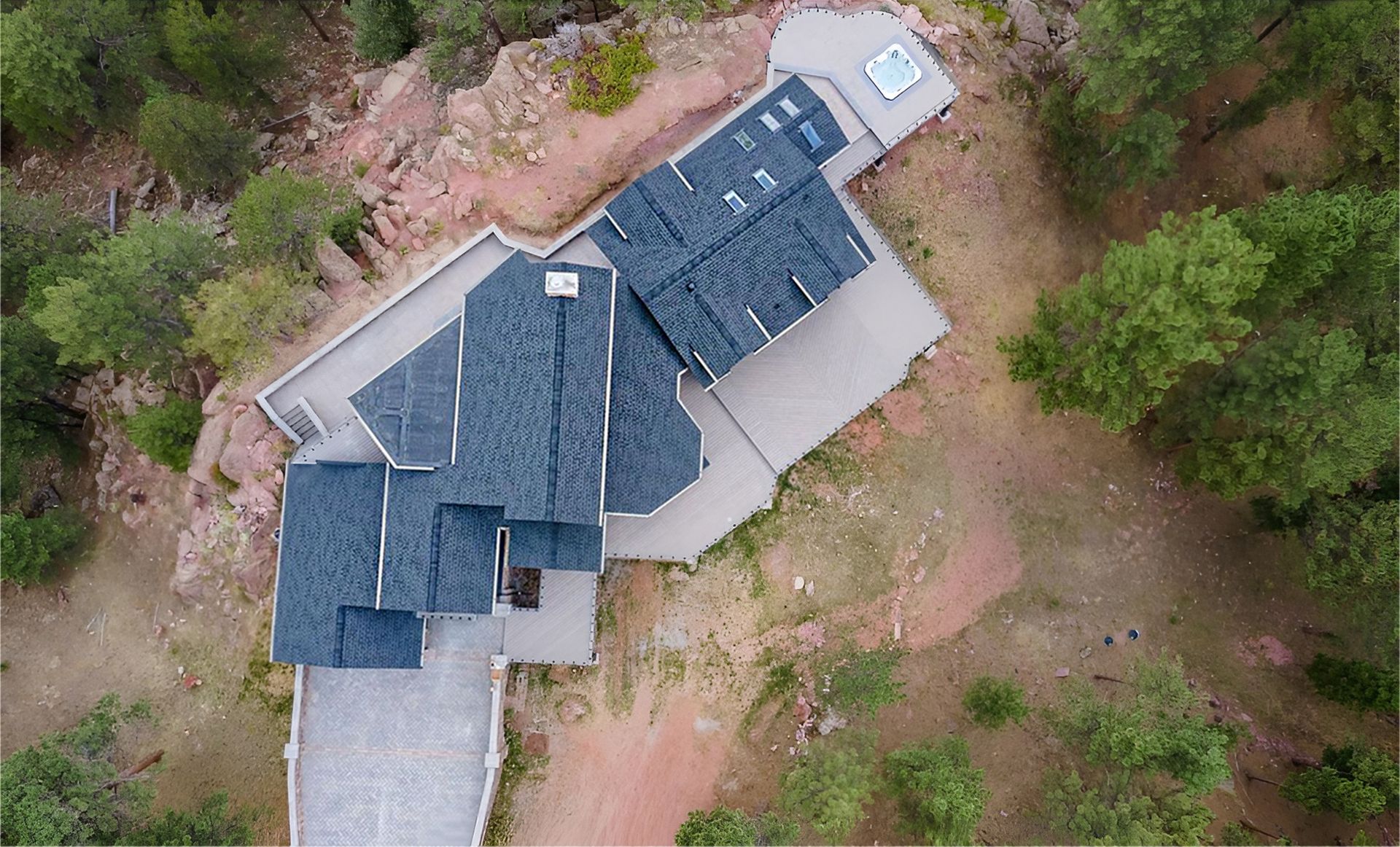 Aerial view of a Boulder, CO residential roof installation by CCG Roofing & Project Management