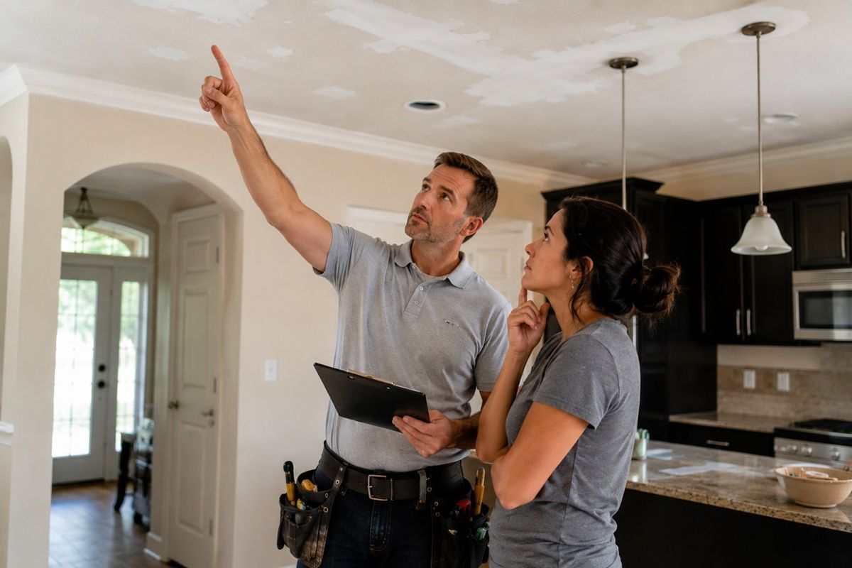 Contractor assessing ceiling drywall damage to determine repair scope