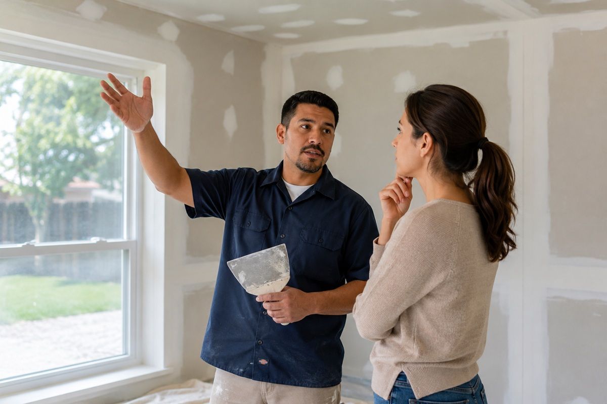 Drywall technician discussing repair options with a homeowner in Hanford