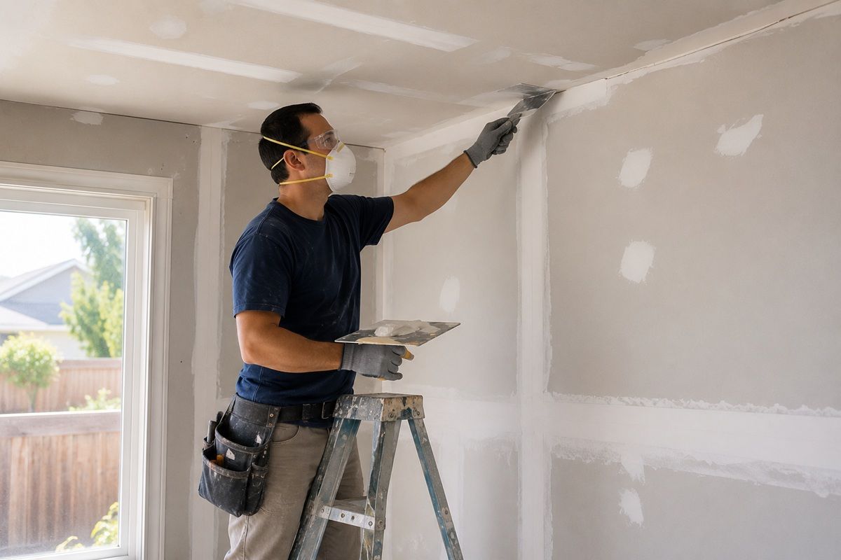 Drywall technician following workplace safety procedures during repairs