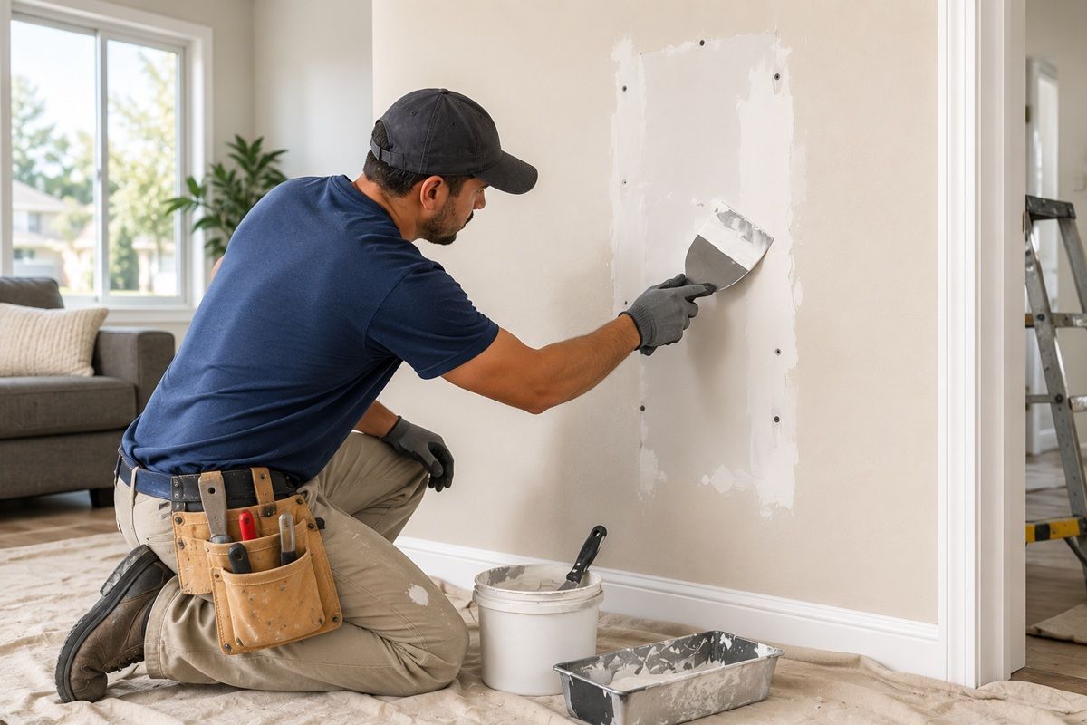 Drywall technician repairing damaged wall surfaces at a home in Hanford, CA