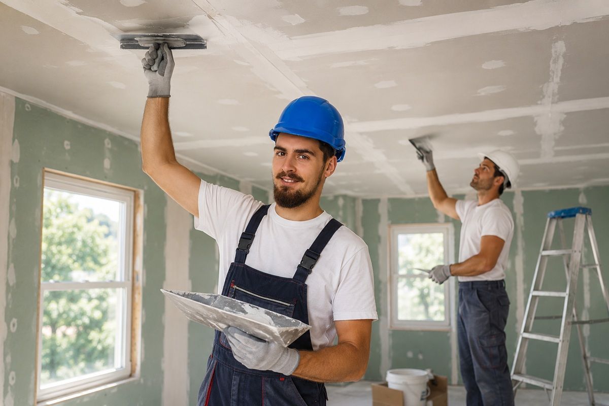 Professional drywall technicians preparing for ceiling repairs