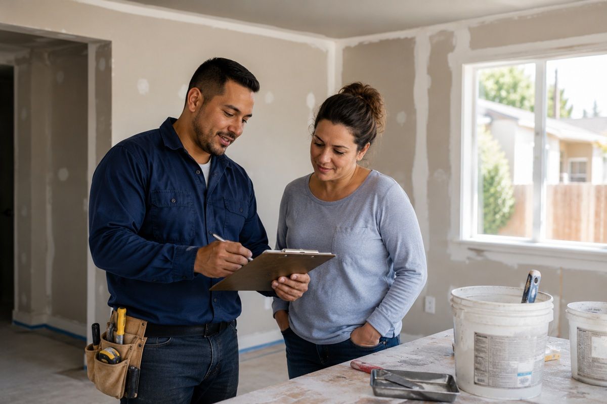 Homeowner submitting a drywall repair service request in Hanford, CA