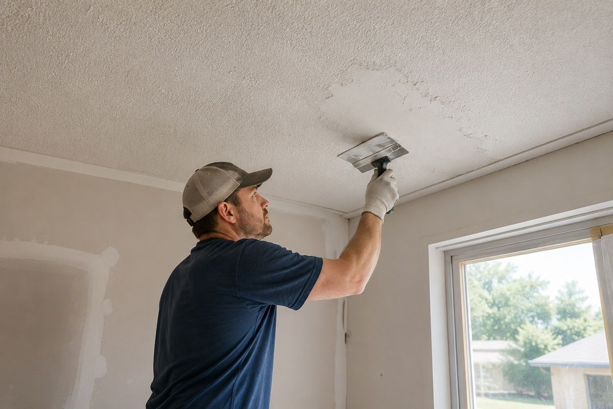 Technician restoring wall texture affected by surface damage in Hanford