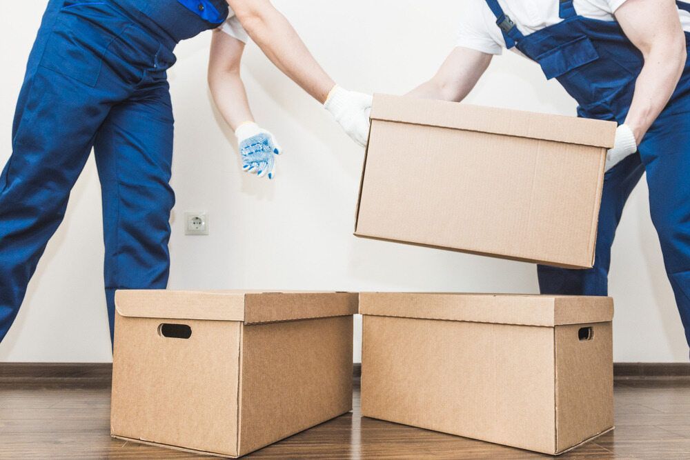 Two Men in Blue Overalls Are Carrying Cardboard Boxes — A-Team Delivery Services Pty Ltd in Cessnock, NSW