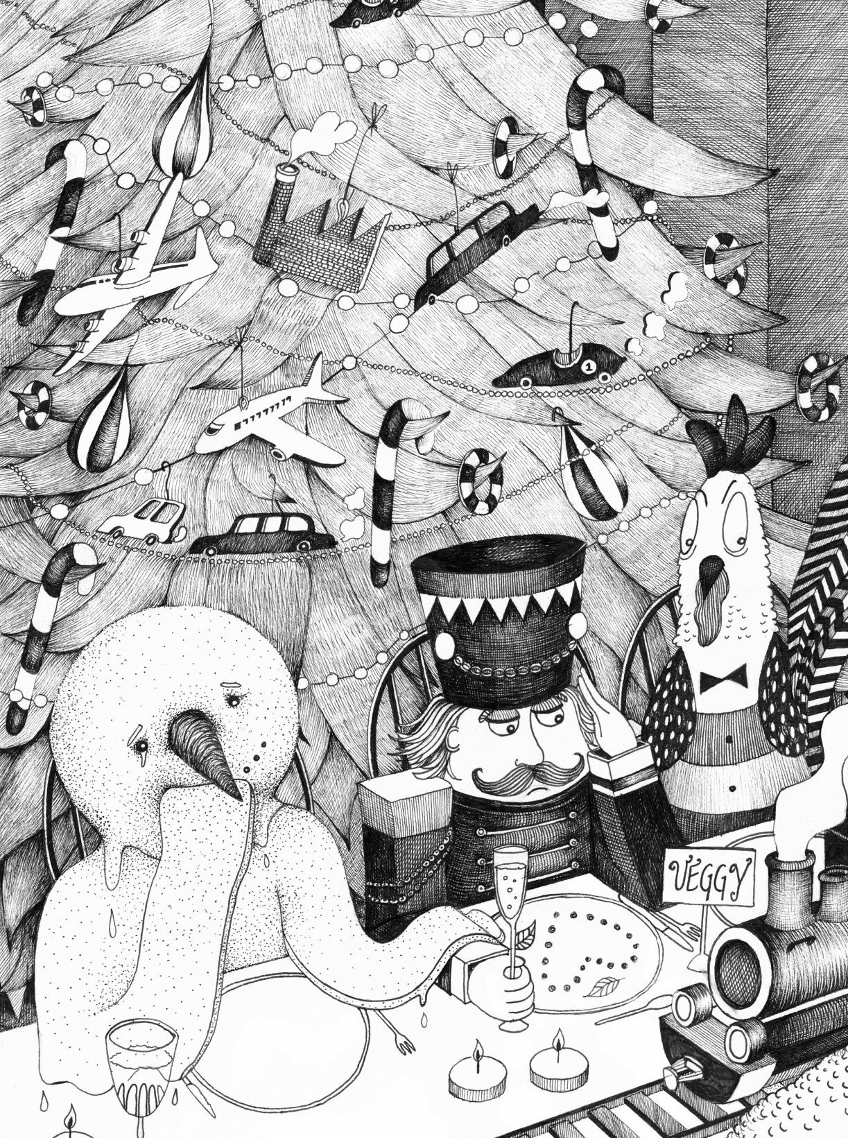 zwart wit illustratie met veel details