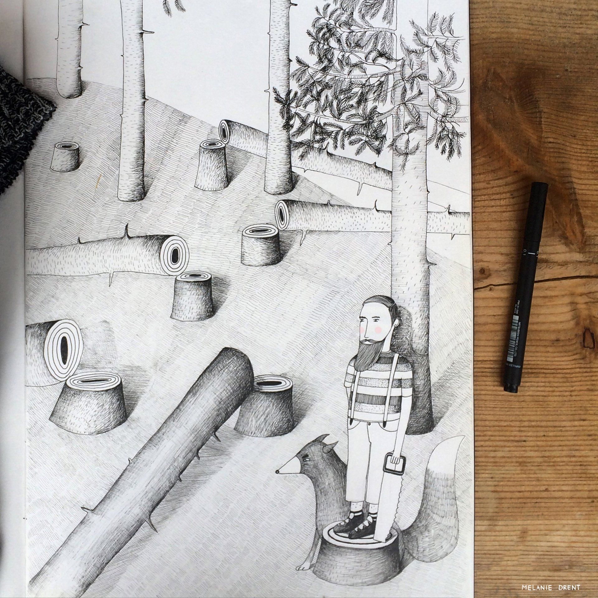 zwart-wit lijntekening met details houthakker