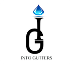 Black G-shaped logo with blue water droplet above and text “INTO GUTTERS” below