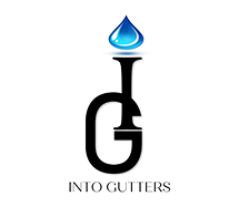 Black G-shaped logo with blue water droplet above and text “INTO GUTTERS” below
