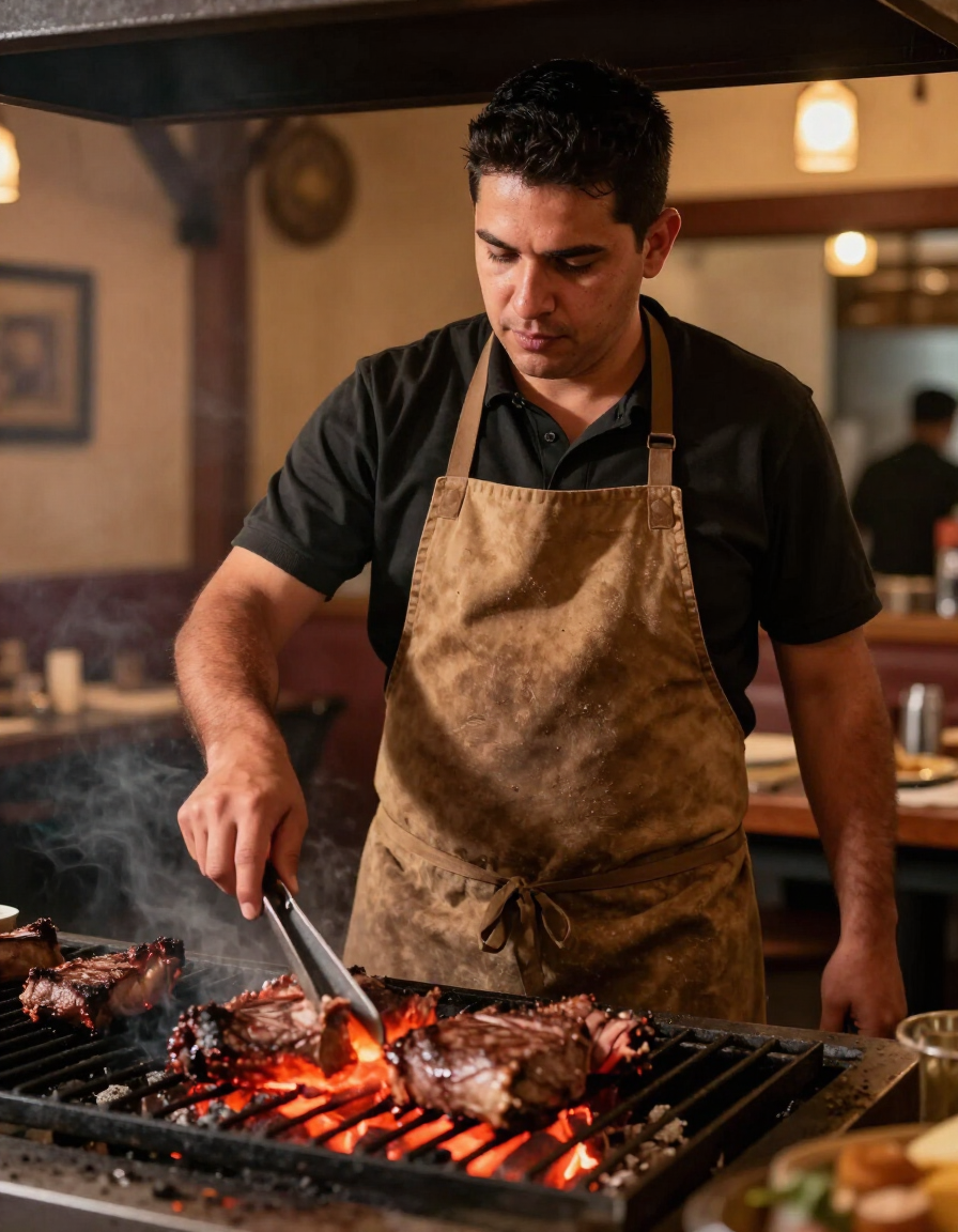 Parrillero atendiendo la parrilla con dedicación en El Almacén Parrilla, Río Cuarto.