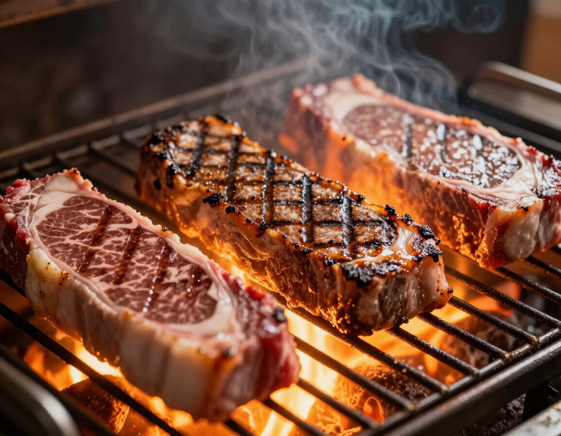 Cortes de carne premium sobre la parrilla de El Almacén Parrilla
