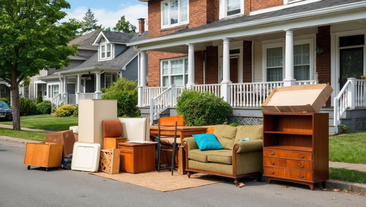 Furniture and boxes piled on a curb in front of two-story houses.