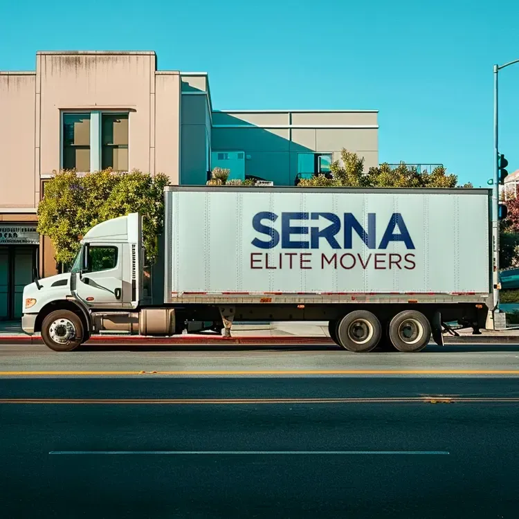 White Serna Elite Movers truck parked on a street in front of a teal and beige building.