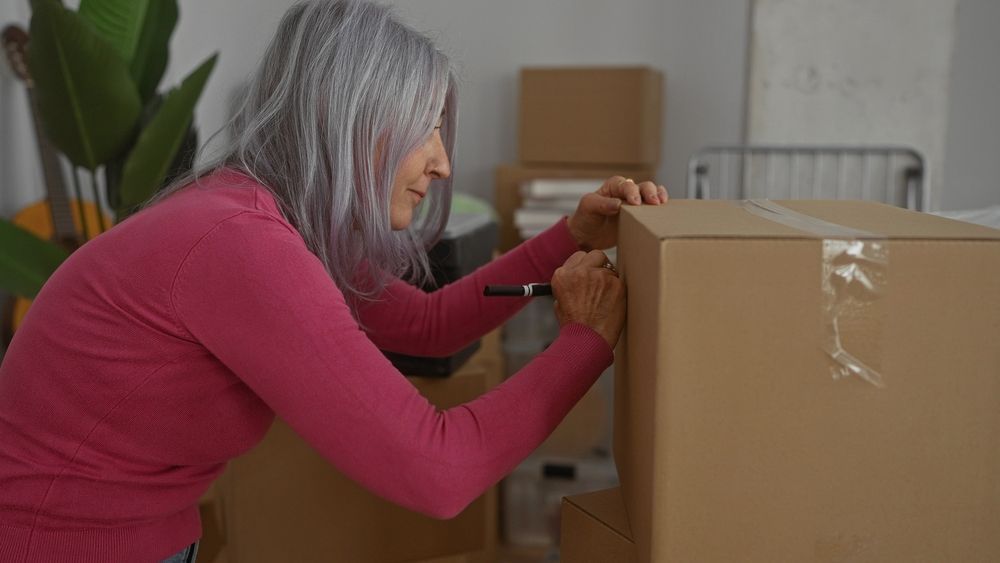 Person in a pink sweater sealing a cardboard box with tape in a home setting