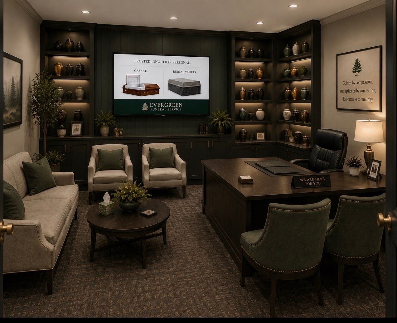 Warm, modern office lounge with sofas, armchairs, desk, shelves, and a wall-mounted screen.