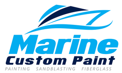 Marine Custom Paint Logo: Blue boat graphic over the words