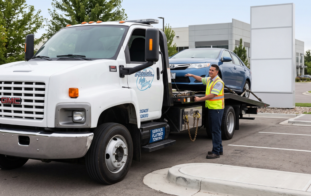 Tow truck driver loading a blue car onto a flatbed truck in a parking lot