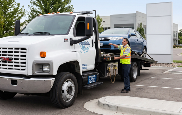 Tow truck loading a blue car, with a worker standing beside it in a parking lot.
