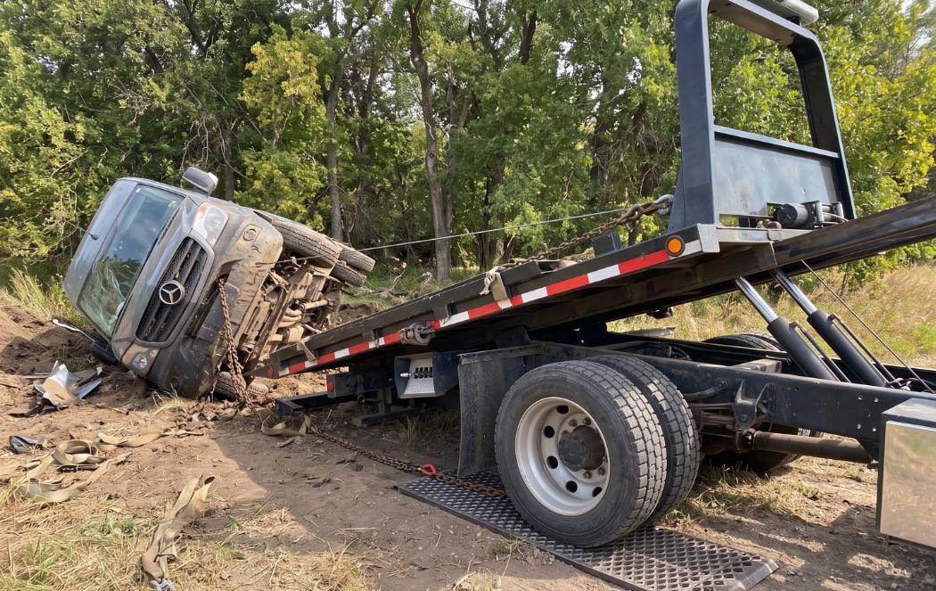 Tow truck hauling a muddy, overturned truck on a dirt roadside near trees