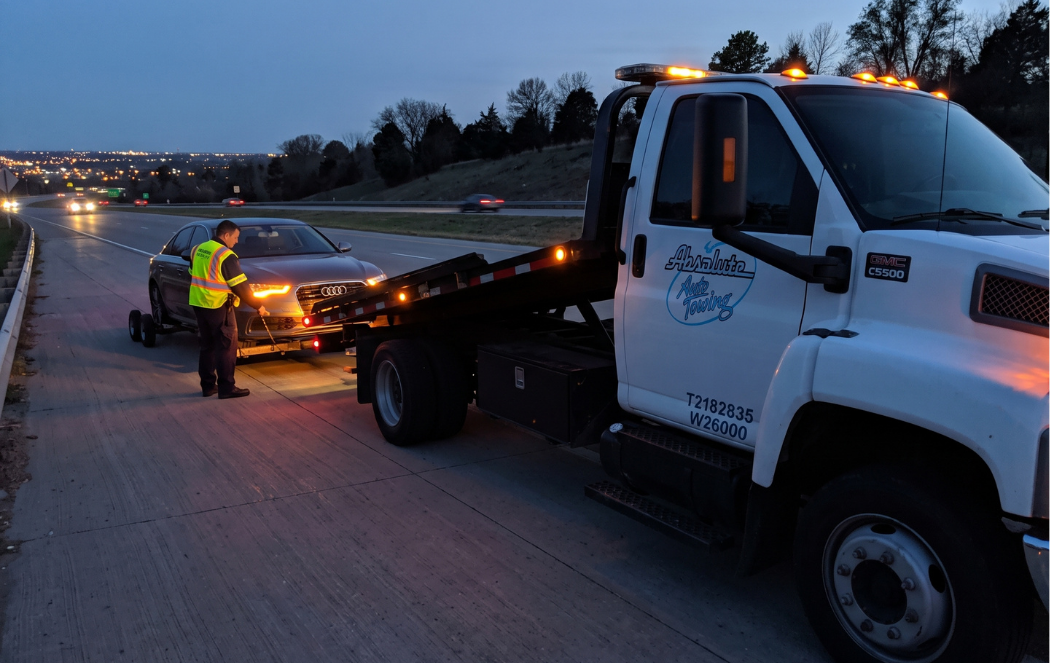 Tow truck and worker assisting a car on a highway at dusk