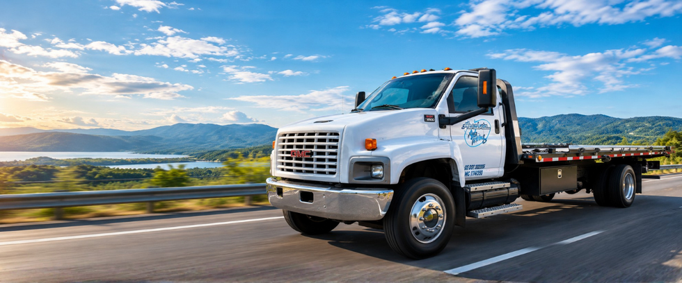 White flatbed tow truck driving on a highway with mountains and water in the background