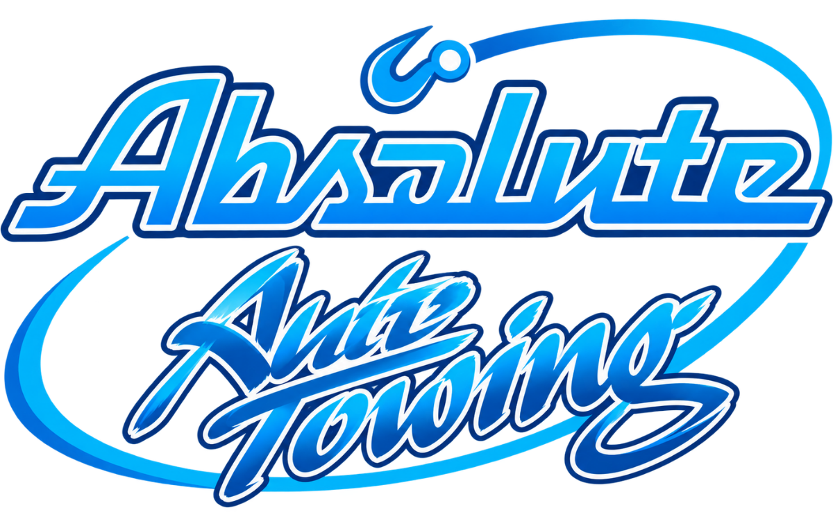 Blue and white "Absolute Auto Towing" logo with stylized text and swoosh oval