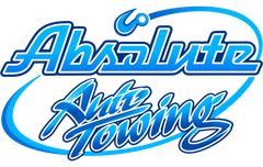Blue and white "Absolute Auto Towing" logo with stylized text and swoosh oval