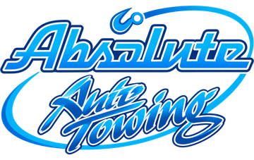 Blue and white "Absolute Auto Towing" logo with stylized text and swoosh oval