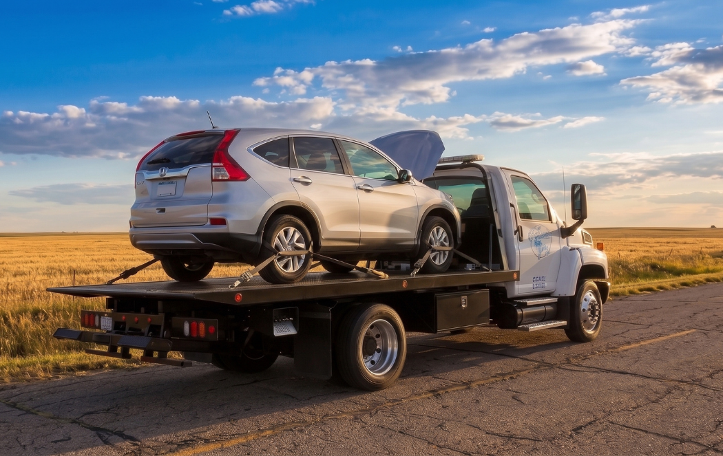 Tow truck hauling a silver SUV on a flatbed along a rural road at sunset