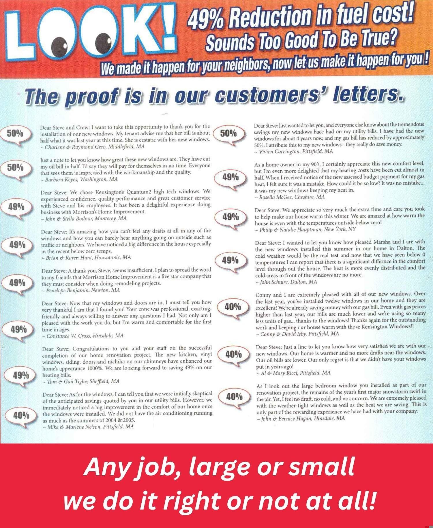 Red-and-white ad claiming 49% fuel savings, customer letters, and “Any job, large or small” banner.