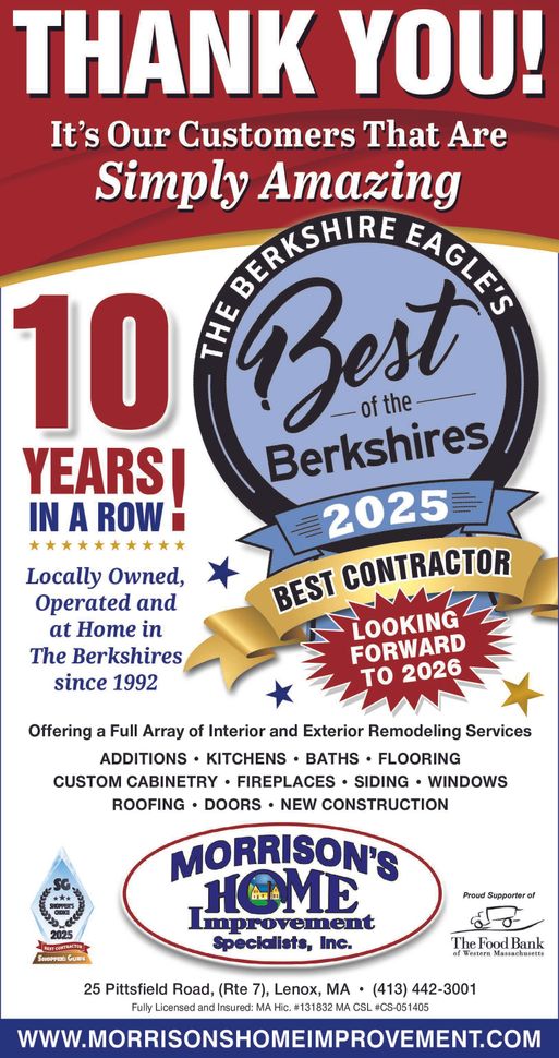 Thank-you ad for Berkshire Home, highlighting 10 years in business and 2025 “Best of the Berkshires” awards
