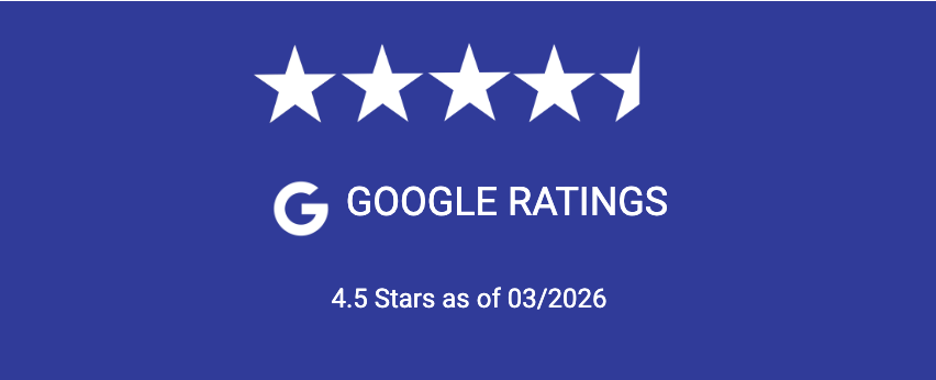 Google Ratings badge on blue background with five white stars and “4.5 Stars as of 03/2026.”