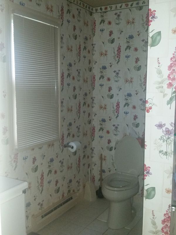 Small bathroom with floral wallpaper, toilet, window blinds, and a wall-mounted toilet paper holder.