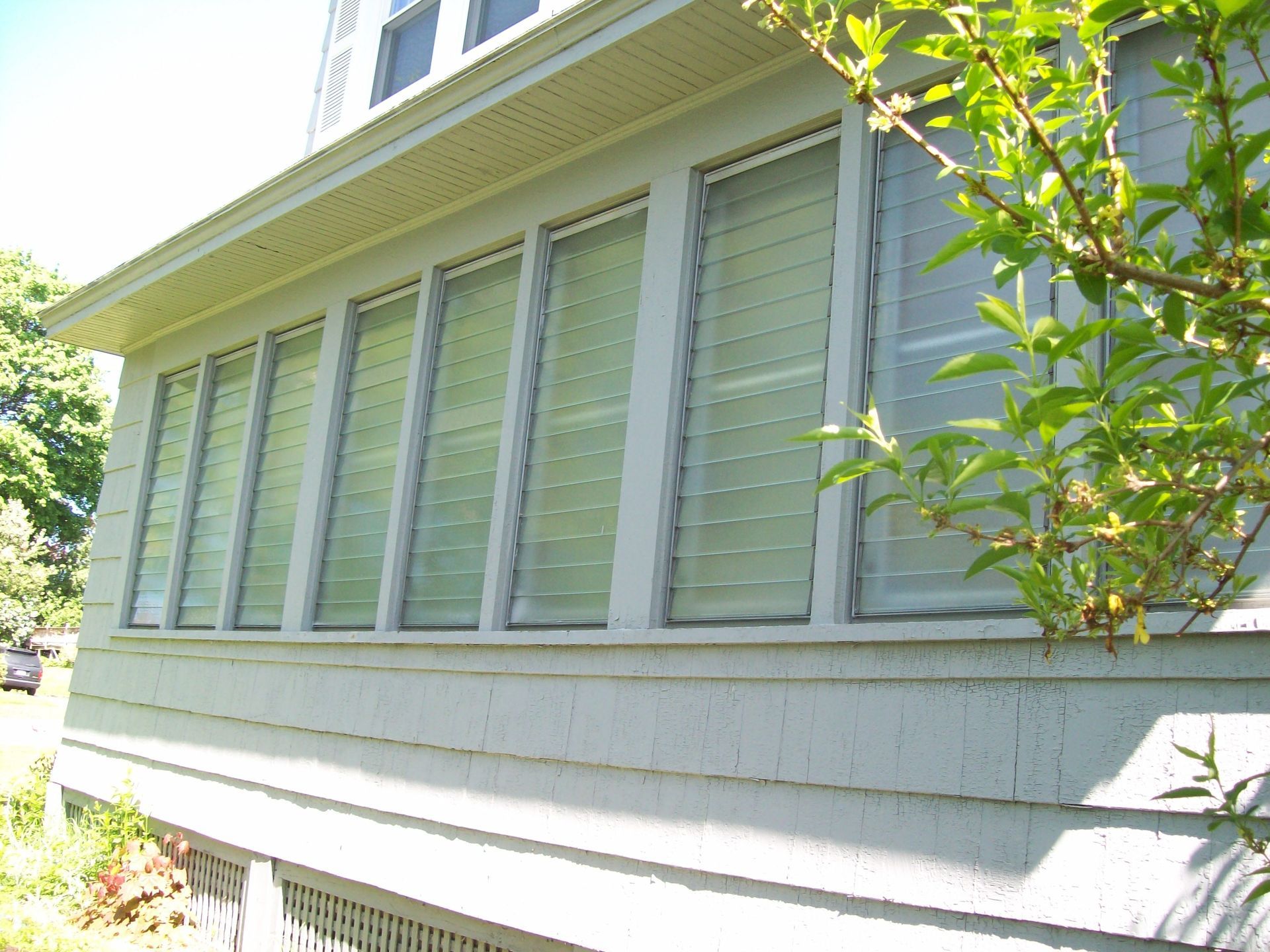 Side of a light gray house with several windows, sunlit with leafy branches in the foreground.