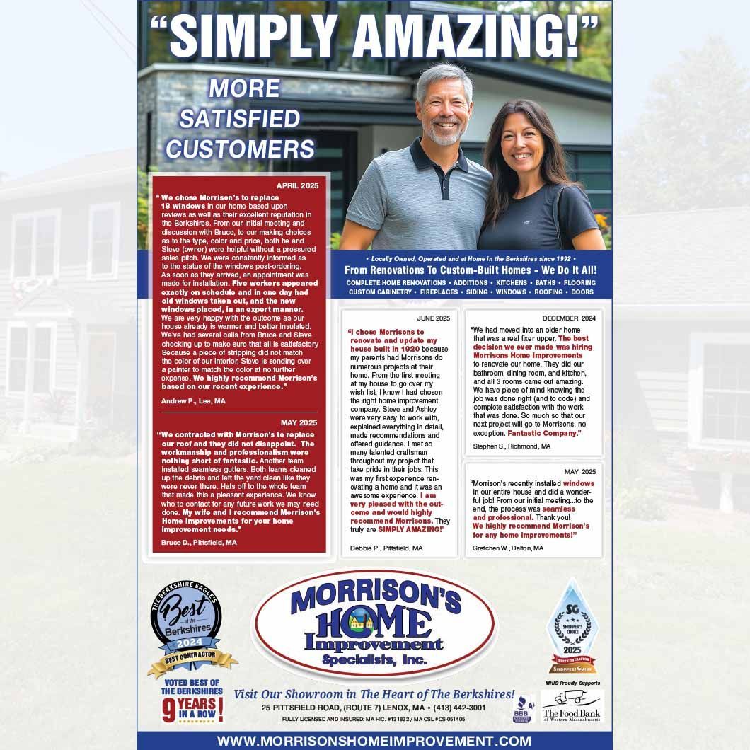 Home service ad with smiling couple, “Simply Amazing!” headline, customer testimonials, and Morrison’s Home Improvements logo