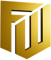Gold geometric logo with white stylized letters on a yellow background