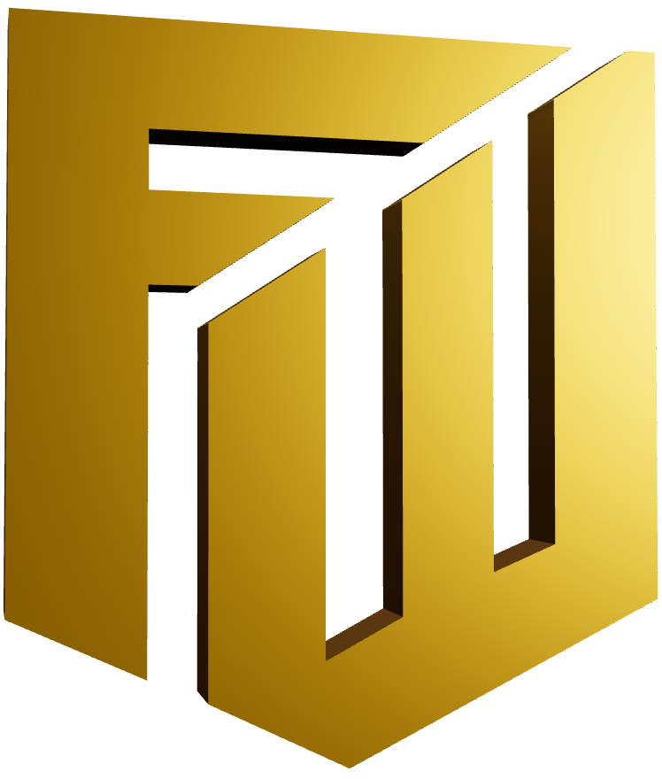 Gold geometric logo with white stylized letters on a yellow background