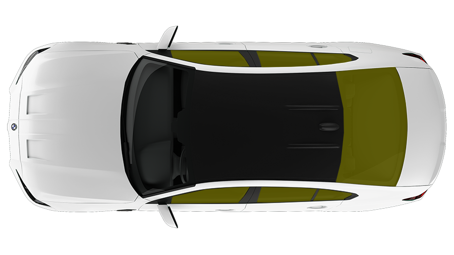 Top-down view of a white car with a black roof and olive-green accents on a white background