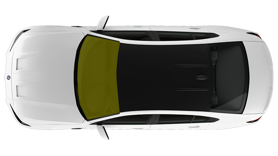 Top-down view of a white car with a dark roof and yellow-tinted windshield.