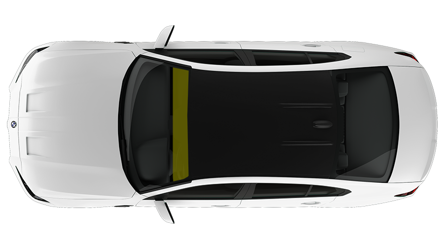 Top-down view of a white car with a dark roof and yellow windshield strip