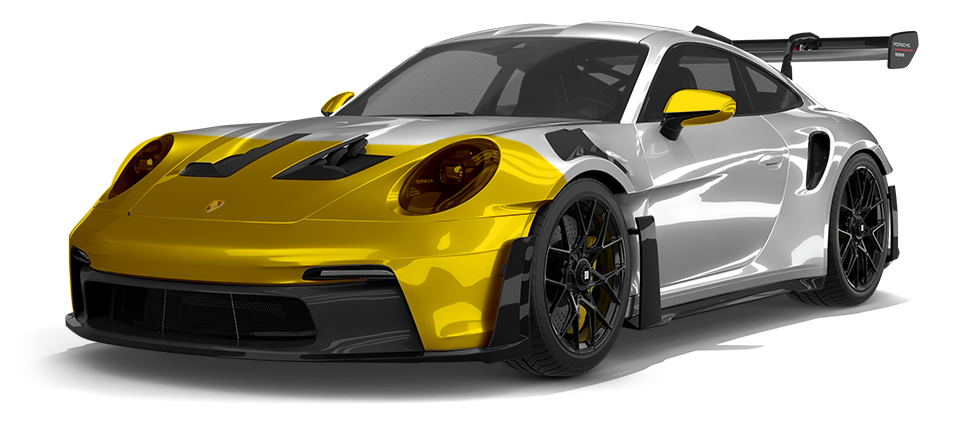 Yellow and silver sports car with a large rear wing, shown on a white background