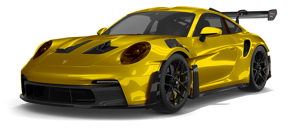 Yellow sports car with black accents and rear spoiler, shown on a white background