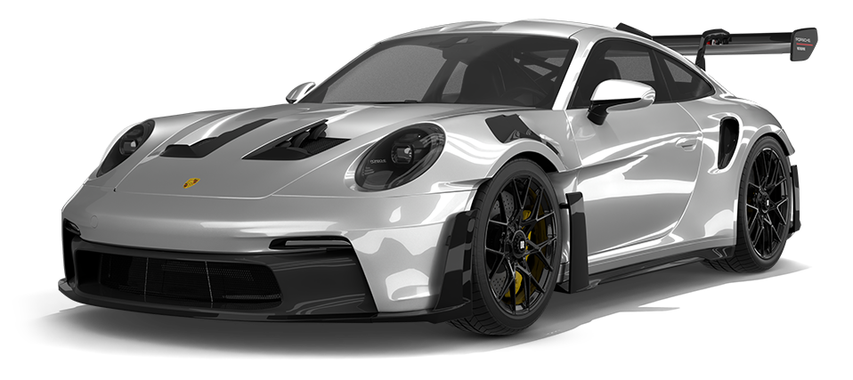 Silver Porsche 911 race car on a white background, angled front view with black wheels and large rear wing