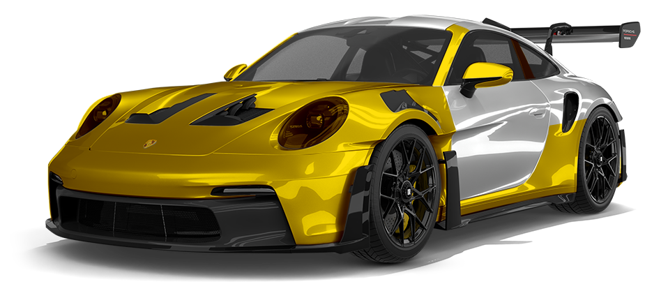 Yellow and silver sports car with a large rear wing, shown on a white background
