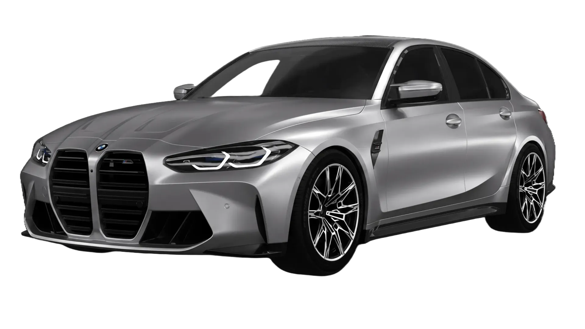 Gold luxury sports sedan on a white background, shown from a front three-quarter angle