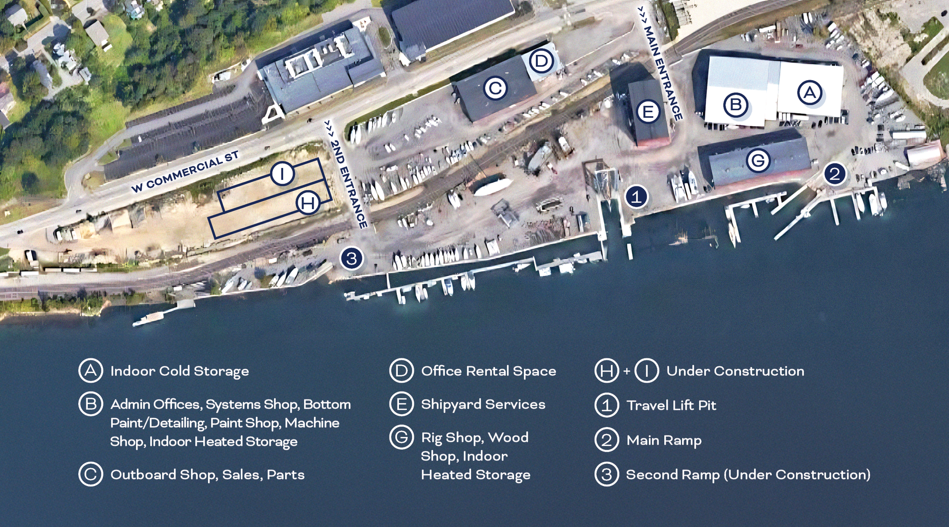 An aerial view of a harbor with a lot of buildings