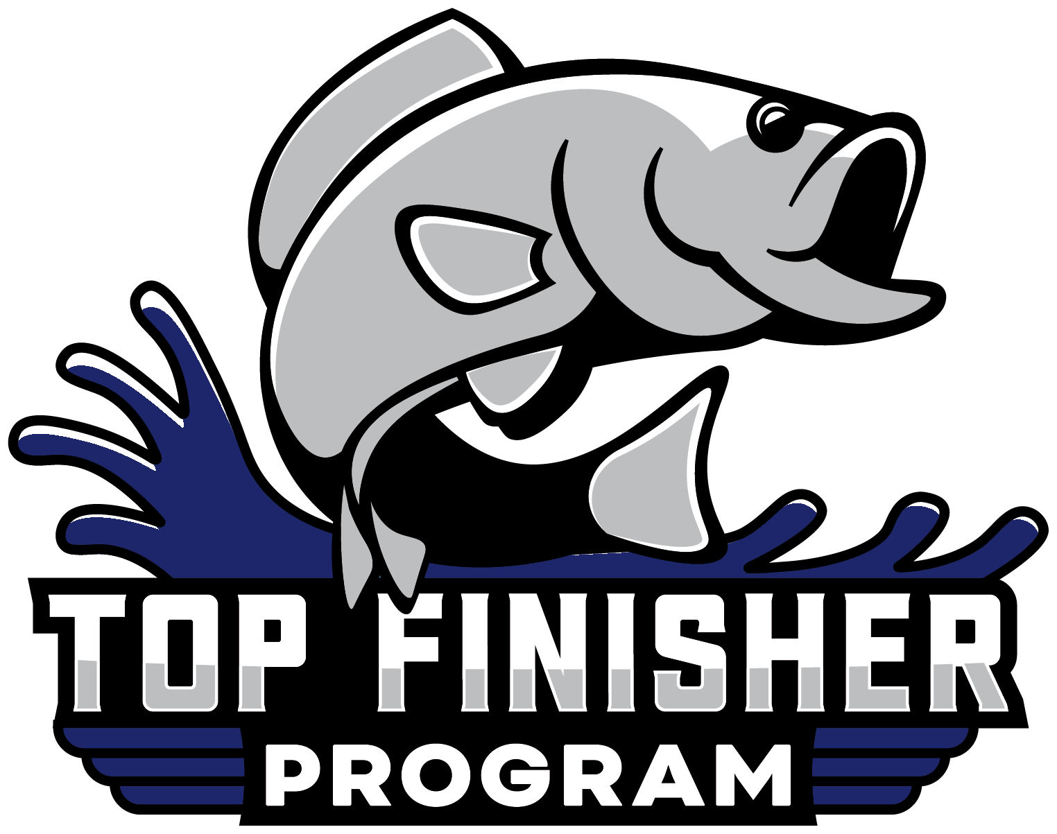 A logo for the top finisher program with a fish jumping out of the water